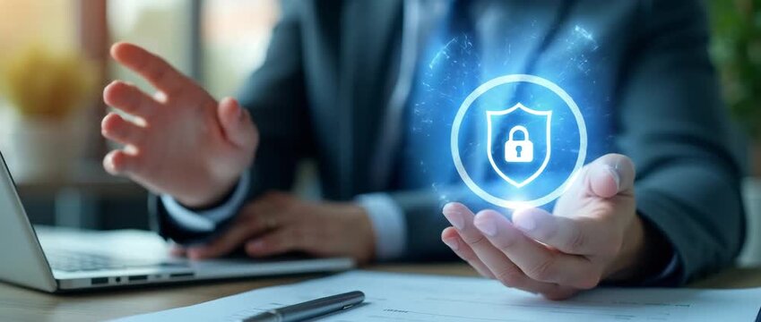 Business professional gesturing towards a digital security icon, slow camera pan across a modern office with ambient light flickering, creating a cinematic focus on cybersecurity solutions.