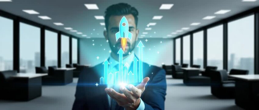 Businessman presents digital growth innovation, with a holographic rocket ascending over rising arrows, camera slowly panning to reveal a sleek office backdrop in cinematic style.