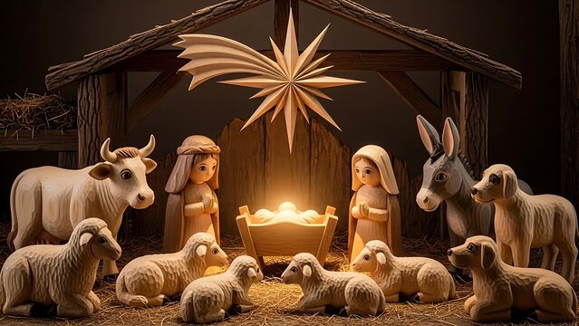 Experience the peace of Christmas with this carved wooden nativity scene depicting the holy family, animals and star, evoking warmth and faith this holiday season