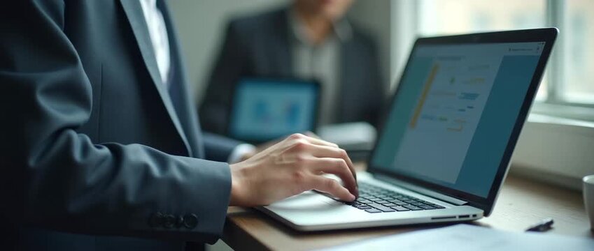 Professional businessperson typing on laptop in modern office, with gentle ambient motion of daylight streaming through windows; camera pans slowly in a cinematic style.