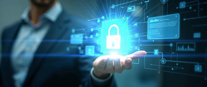 Business professional presenting digital security concept with holographic lock icon; camera slowly pans across dynamic, futuristic interface in a sleek, cinematic style.