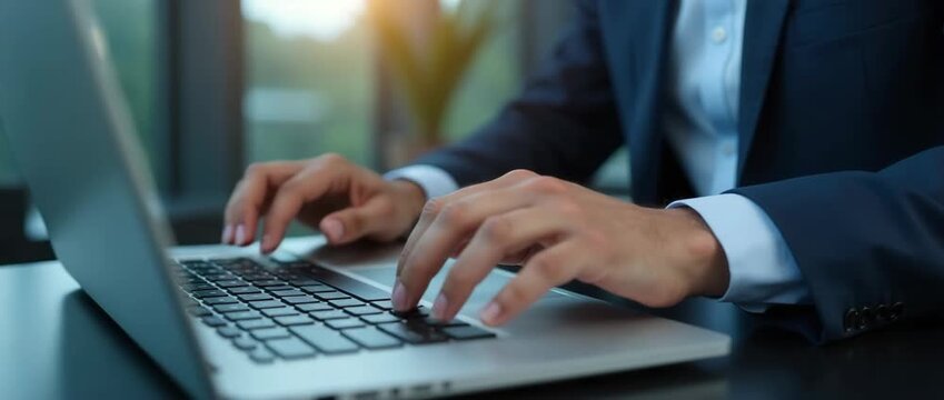 Business professional typing on laptop in modern office, slow camera pan capturing ambient light flicker through windows, cinematic style for corporate presentation video.