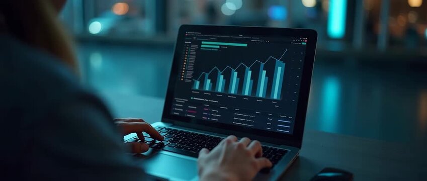 Focused professional analyzing data trends on laptop with dynamic bar graphs, as the camera slowly pans over a modern office setting, in a cinematic, high-tech style.