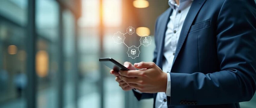 Business professional in a suit interacts with smartphone, icons gently animating above; camera slowly pans in a modern office setting, cinematic lighting enhancing focus and detail.