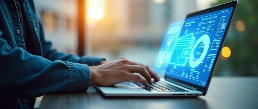 Person types on laptop with futuristic interface, gentle ambient light flickers; camera slowly pans in cinematic style.