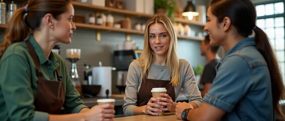 Friendly baristas engage in lively conversation at a cozy coffee shop, with customers enjoying the warm ambiance; camera gently pans across the scene, capturing a cinematic, inviting atmosphere.