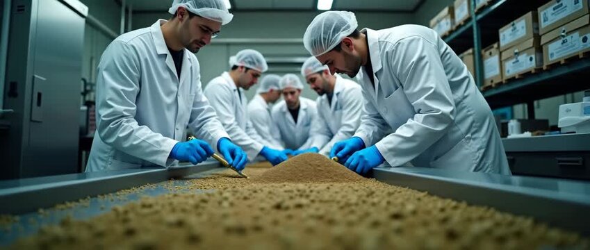 Scientists in lab coats meticulously inspect grain samples on a conveyor belt, with a slow pan capturing the dynamic process in a cinematic, industrial setting.