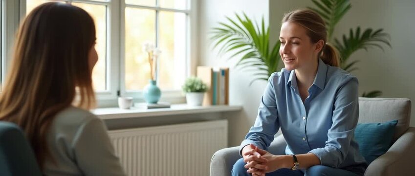 A psychotherapist engages thoughtfully with a patient in a serene office setting, employing ample copy space to convey a sense of calm and openness in the therapeutic process.