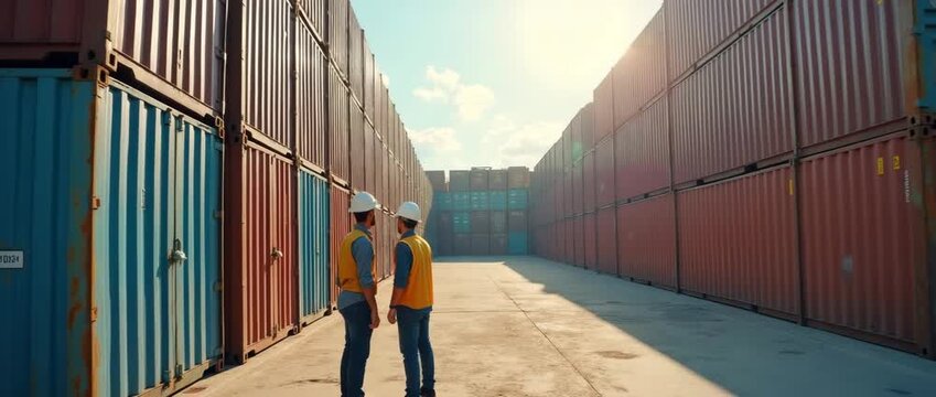 Two construction workers in hard hats converse amid towering shipping containers; the camera slowly pans, capturing the industrial scene in cinematic light with ambient sun rays.