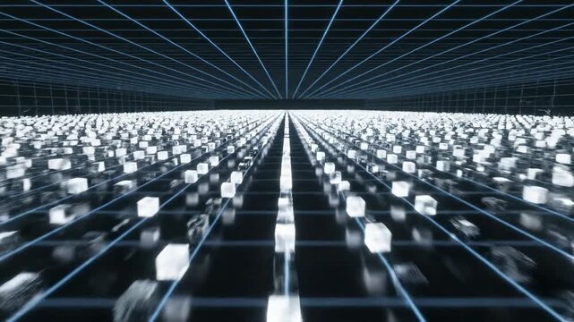 Massive array of small white digital cubes rapidly shifting and flickering across an infinite black grid creating a technical background display, clean, information