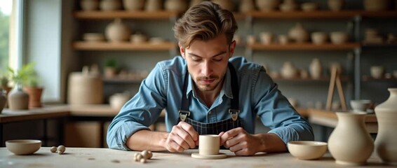 Focused potter shapes clay with precision, hands moving methodically; camera gently pans through the serene workshop, ambient light flickers softly, cinematic and inspiring.