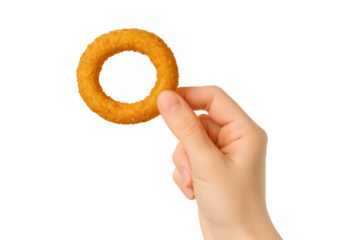 Hand holding golden fried onion ring snack, ready to eat, fast food concept on transparent background
