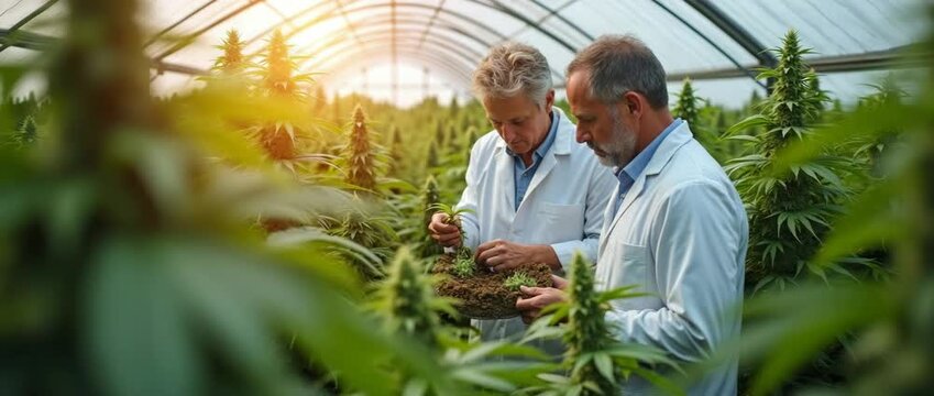 Farm owners and scientists collaborating in a cannabis plantation, ensuring product integrity and quality for medicinal use. Designed with ample copy space.