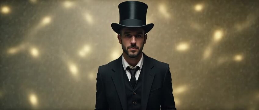 A gentleman in a classic top hat stands poised and still, while the camera slowly pans, capturing the cinematic ambiance of subtle light flickers in an elegant, vintage setting.