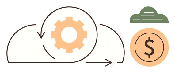 Gear with circular arrows inside a cloud, green cloud symbol, and dollar coin. Ideal for automation, cloud computing, financial growth, digital transformation, innovation, efficiency simple flat