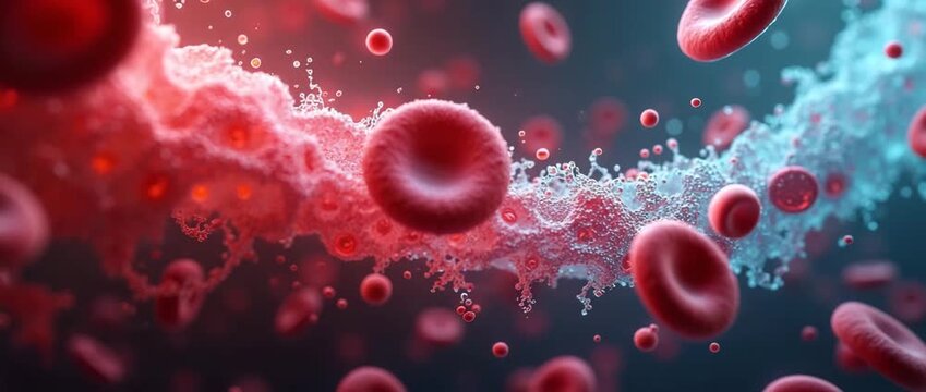 Dynamic red blood cells flow through a vibrant, microscopic environment as the camera steadily tracks their motion, creating a cinematic, educational visual experience.