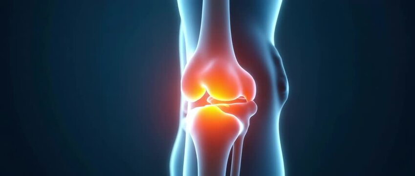 An artistic representation of a human knee joint undergoing replacement surgery, emphasizing the procedure with negative space and a focus on the knee anatomy.