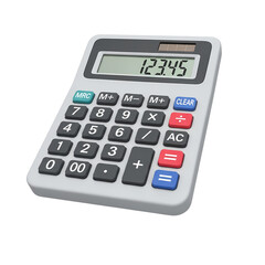 3d icon A close-up shot of a white calculator displaying the number 123.45.