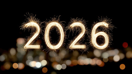 Sparkling 2026 numerals shine brightly against blurred city lights backdrop below.