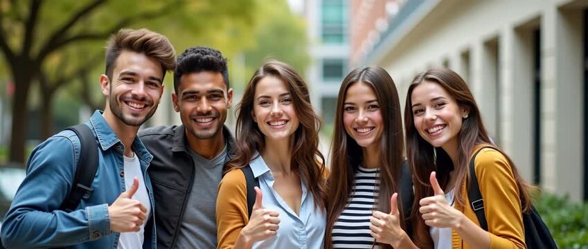 Diverse group of friends give thumbs up in a vibrant urban setting, camera gently pans to reveal bustling street life; cinematic style enhances youthful energy and positivity.