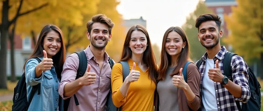 Happy college students give thumbs up while walking on campus in autumn, with a slow pan capturing vibrant fall leaves swaying gently, creating a lively, cinematic atmosphere.