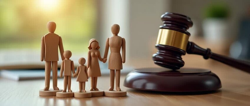 Wooden family figures stand still beside a gavel on a sunlit table, with gentle ambient light flickering and a slow cinematic pan, highlighting themes of justice and family law.