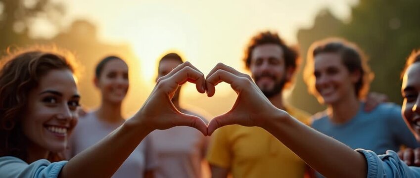 Friends forming heart shape with hands at sunset, camera gently pans across smiling faces, ambient sunlight flickers, cinematic style, highlighting unity, friendship, and joy.