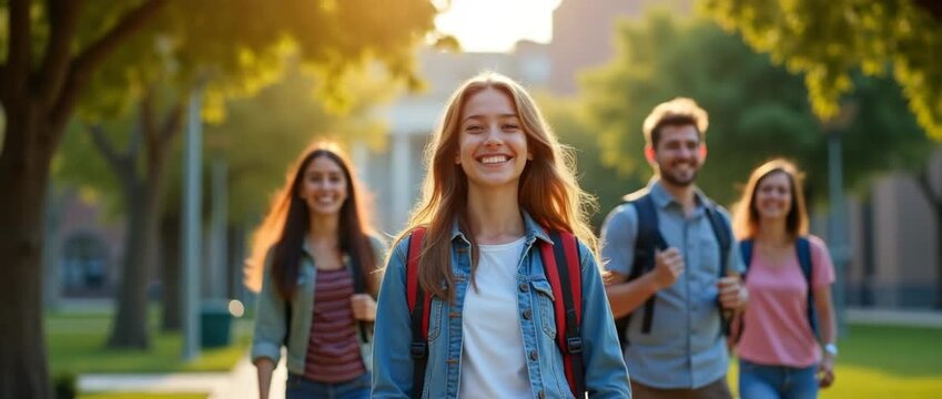 Smiling students walk through a sunlit campus, backpacks swaying gently, as the camera smoothly pans, capturing the vibrant, optimistic atmosphere in a cinematic, educational scene.