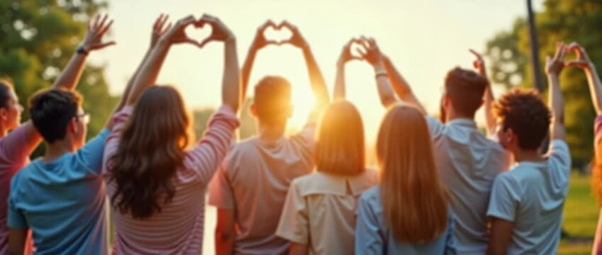 A diverse group of friends joyfully raise their arms in a sunlit park, forming heart shapes with hands as the camera gently pans, capturing a cinematic scene of unity and friendship.
