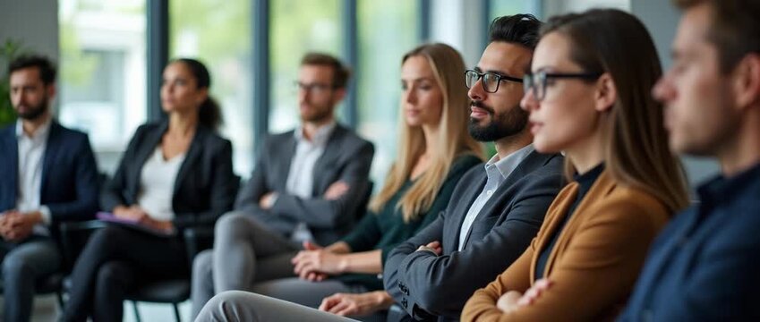 Professionals in a corporate meeting room attentively listen as the camera slowly pans, capturing a cinematic ambiance with gentle light flickers and subtle scene dynamics.