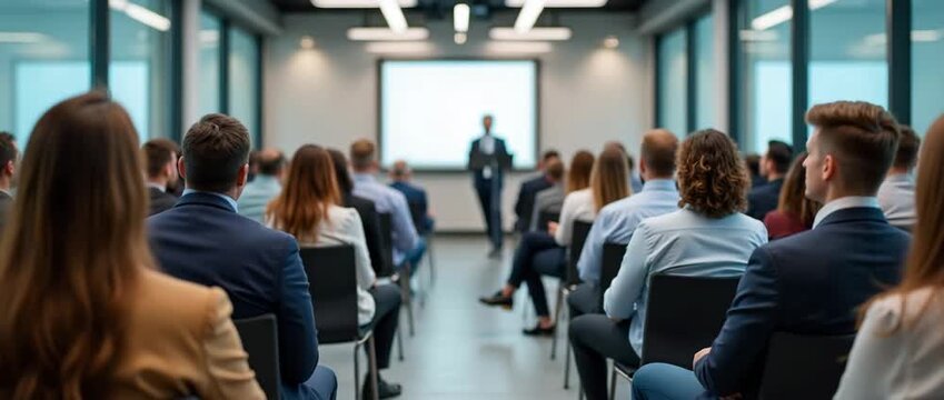 Business professionals attentively listen to a keynote speaker in a modern conference room, as the camera slowly pans, capturing the ambient movement of a dynamic, cinematic presentation atmosphere.