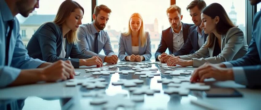 Business team collaborates on a puzzle in a modern office, with a slow zoom focusing on teamwork dynamics; sunlight gently shifts across the room, offering cinematic inspiration.