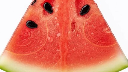 A vibrant, detailed close-up shot of a refreshing watermelon slice, showcasing its luscious red flesh, glistening black seeds, and the crisp transition to the green and white rind. Tiny water droplets