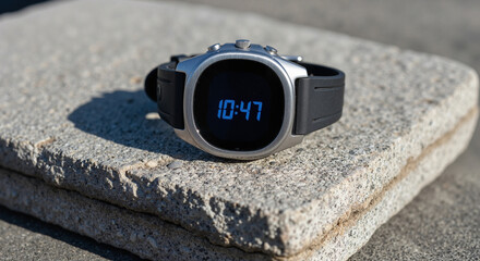 Digital watch with black strap on textured stone slab outdoors