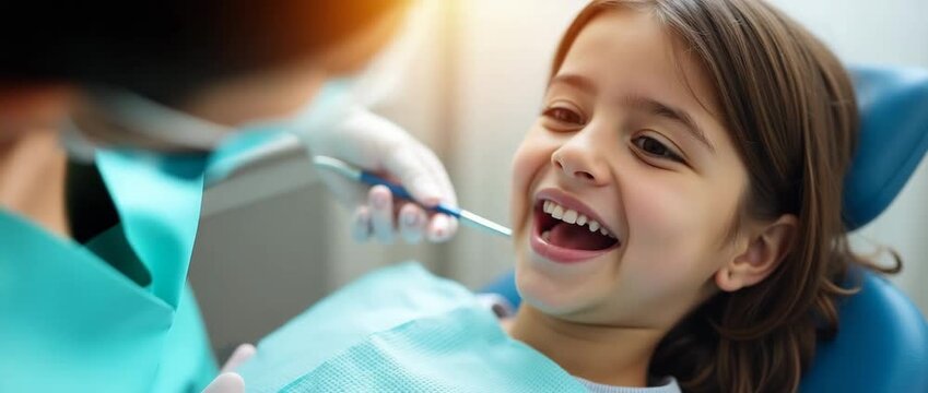 A close-up of a girl smiling brightly at the dentist in a brightly lit treatment room, highlighting dental care and allowing for ample copy space.
