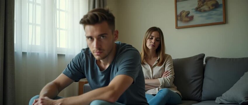 Serene couple in a thoughtful pause on a cozy sofa, natural light streaming through curtains; camera slow pans, capturing gentle ambient room motion, cinematic style.