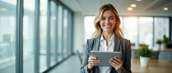 Confident businesswoman holding a tablet in a modern office, slow camera pan with ambient light flickering through large windows, cinematic and professional. - Powered by Adobe