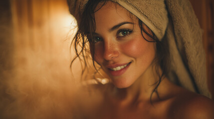 A smiling woman with a towel wrapped around her head stands in warm steam, radiating relaxation, softness and comfort.
