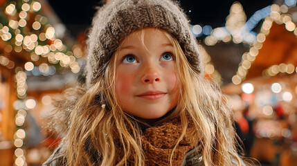 hermosa niña en un merado navideño europeo viendo con asombro las luces del arbol de navidad