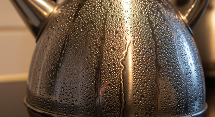 Condensation on metal kettle in warm indoor lighting