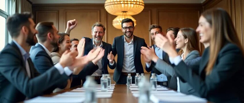 Business team celebrates success in a dynamic boardroom meeting, smiling and gesturing energetically; camera smoothly pans across the room, capturing the vibrant corporate atmosphere in cinematic styl
