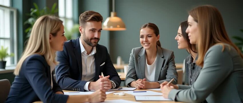Professional team engaged in a lively discussion at a modern conference table, with gentle ambient motion and a slow panning camera capturing a collaborative, cinematic workspace scene.