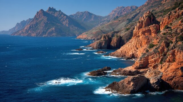 Corsica Features a Rugged Mountain Coast Landscape With the Mediterranean Sea and Rocky Cliffs on a Clear Day - Powered by Adobe