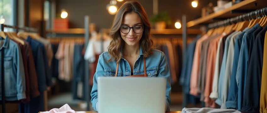 Young woman in denim jacket types on laptop in cozy boutique, gently smiling; camera slowly pans as ambient lighting flickers, capturing retail ambiance in cinematic style.