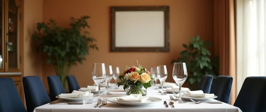 Elegantly set dining table with gentle ambient light flicker, slow camera pan across polished glassware and floral centerpiece, creating a cinematic ambiance; ideal for luxury lifestyle visuals.