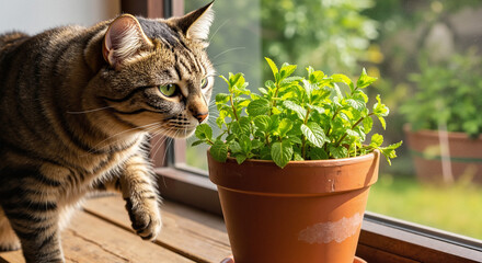 Curious cat sniffs potted mint plant on sunny windowsill