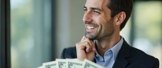 Confident businessman in a suit smiles while counting money, with gentle ambient light flickering through a modern office window; the camera smoothly pans for a cinematic feel. - Powered by Adobe
