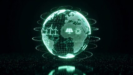 Glowing green globe with wind turbines solar panel recycling icons surrounded by orbiting particles on dark reflective surface