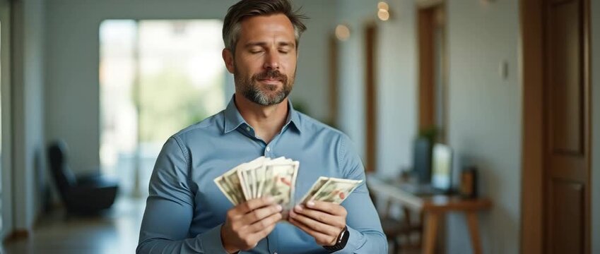 Confident businessman counting money in a modern office, cinematic slow pan revealing a bright workspace; ambient light flickers softly, creating a professional, inspiring atmosphere.