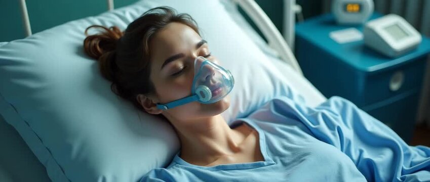 A woman patient wearing an oxygen mask peacefully sleeping on a hospital bed, surrounded by surgical equipment, utilizing negative space for emphasis.